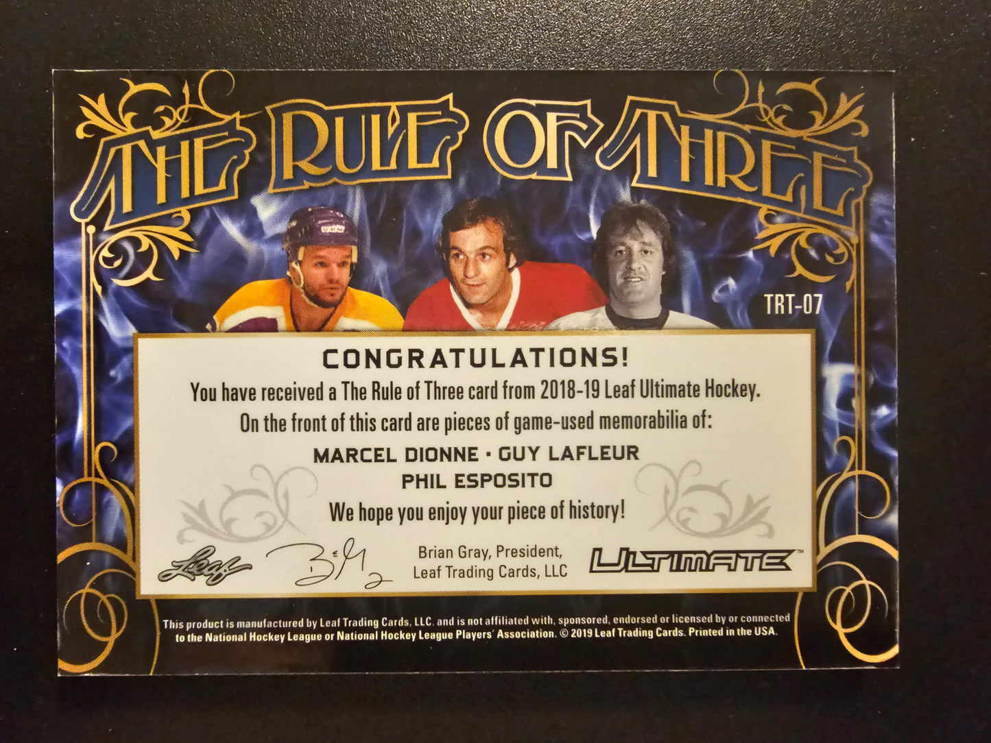 2018-19 Leaf Ultimate - The Rule of Three - Red Patch - Marcel Dionne / Guy Lafleur / Phil Esposito #TRT-07 /3