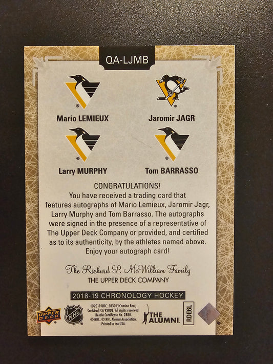 2018-19 Upper Deck Chronology - Quad Autographs - Mario Lemieux / Jaromir Jagr / Larry Murphy / Tom Barrasso#QA-LJMB /10
