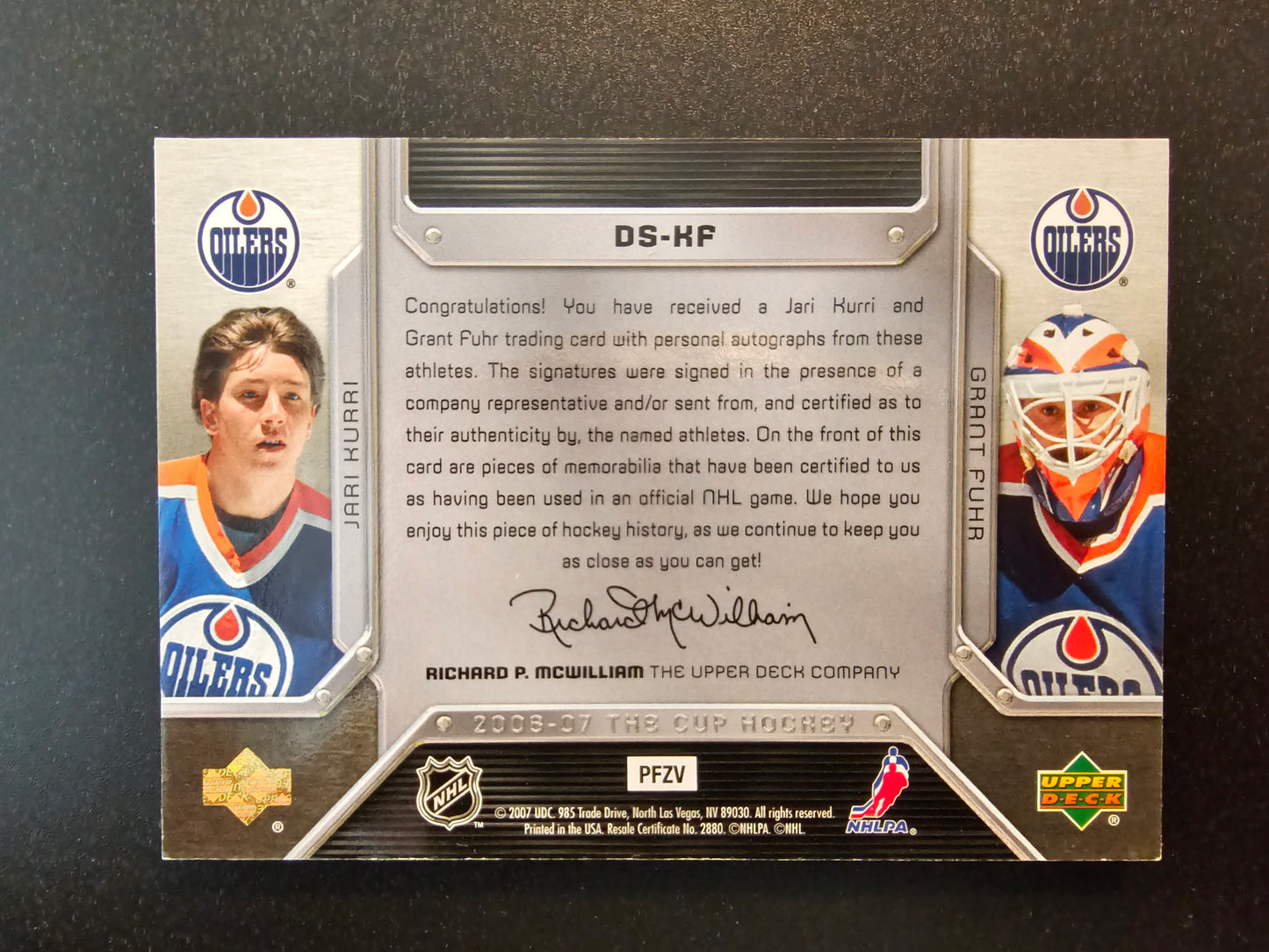 2006-07 Upper Deck The Cup - Dual Scripted Swatches - Jari Kurri / Grant Fuhr #DS-KF /5