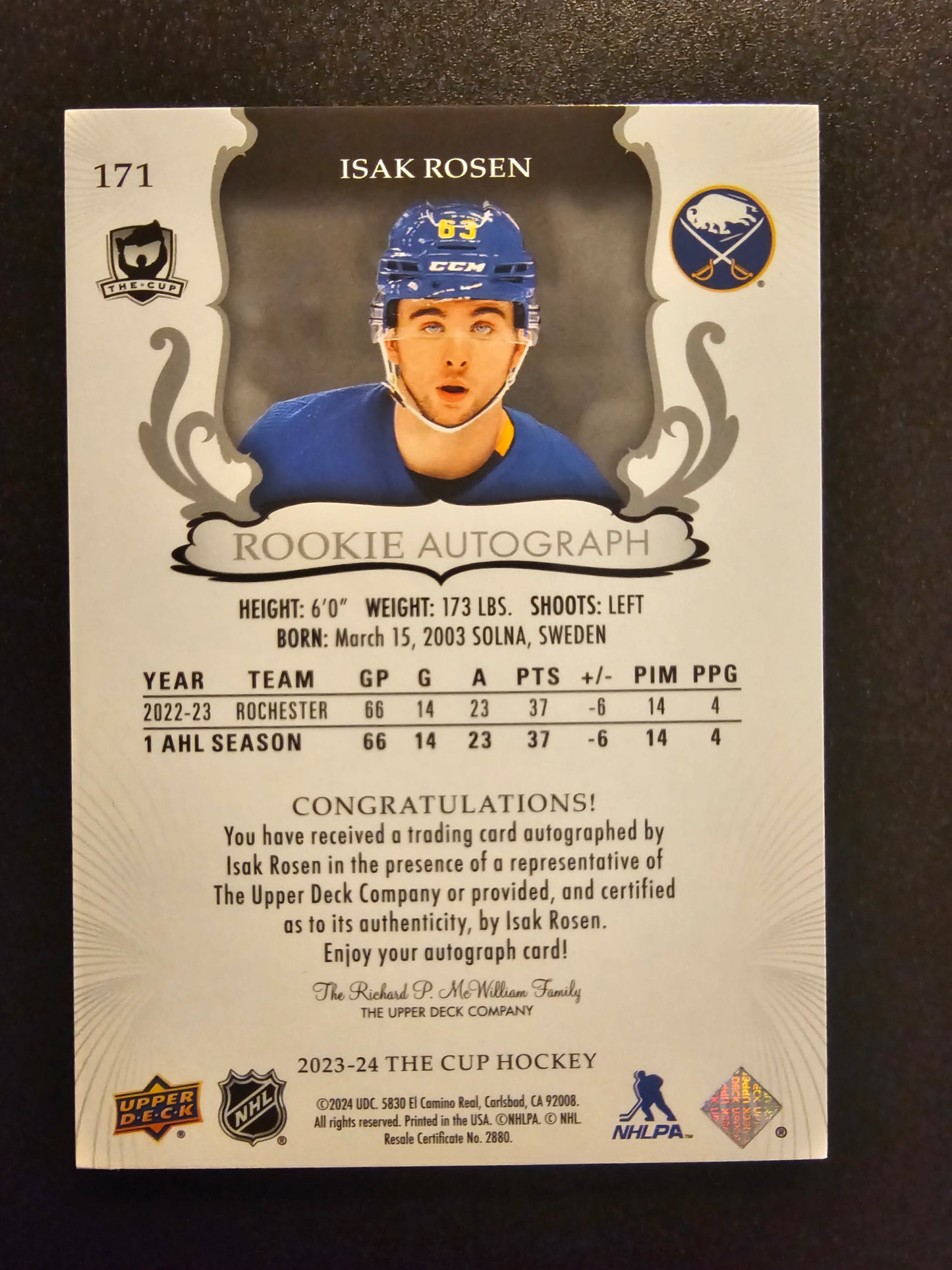 2023-24 Upper Deck The Cup - Rookie Autograph Gold - Isak Rosen #171 /36 RC