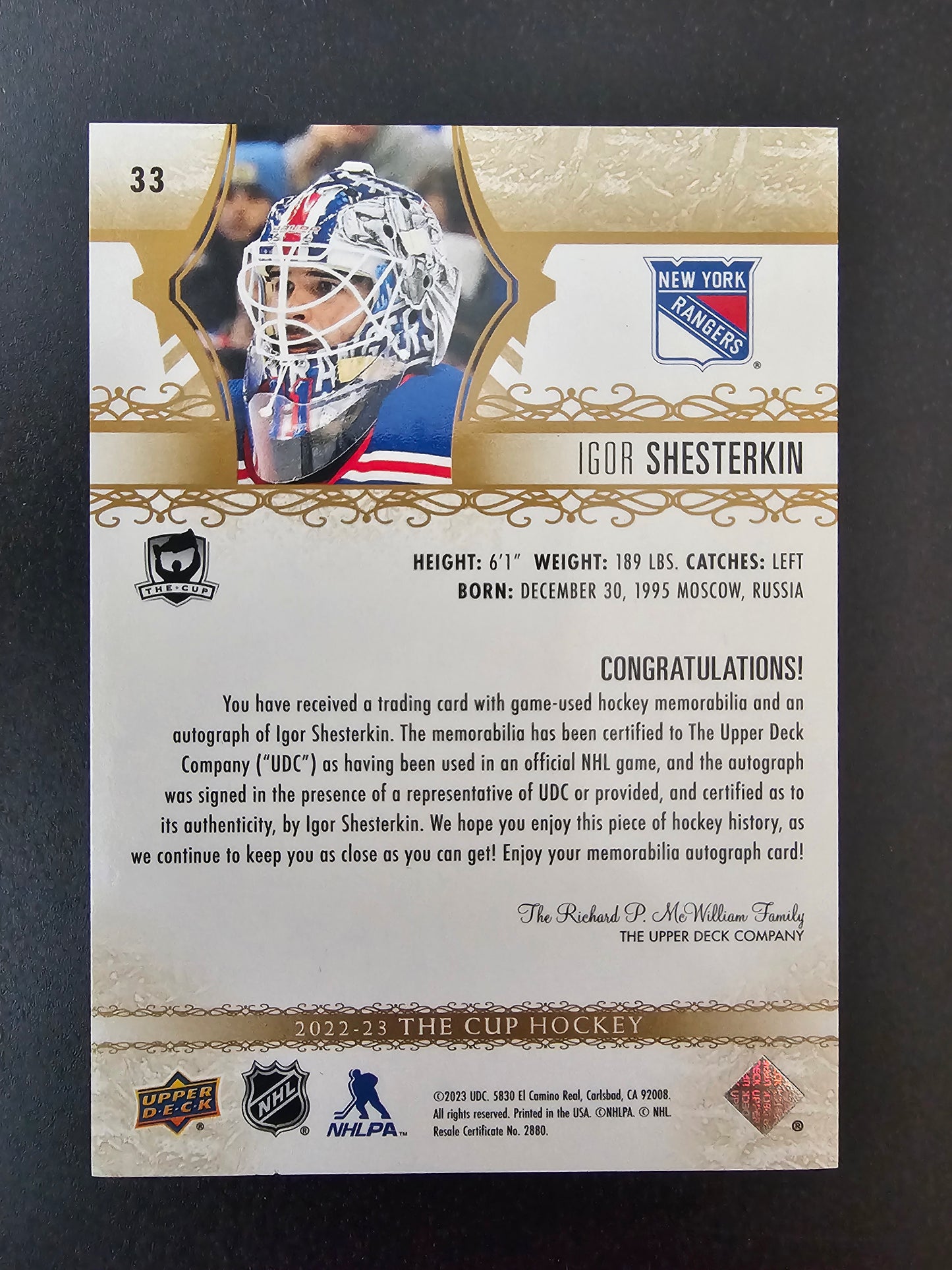 2023-24 Upper Deck The Cup - Gold Foil Autograph Patch - Igor Shesterkin #33 /8