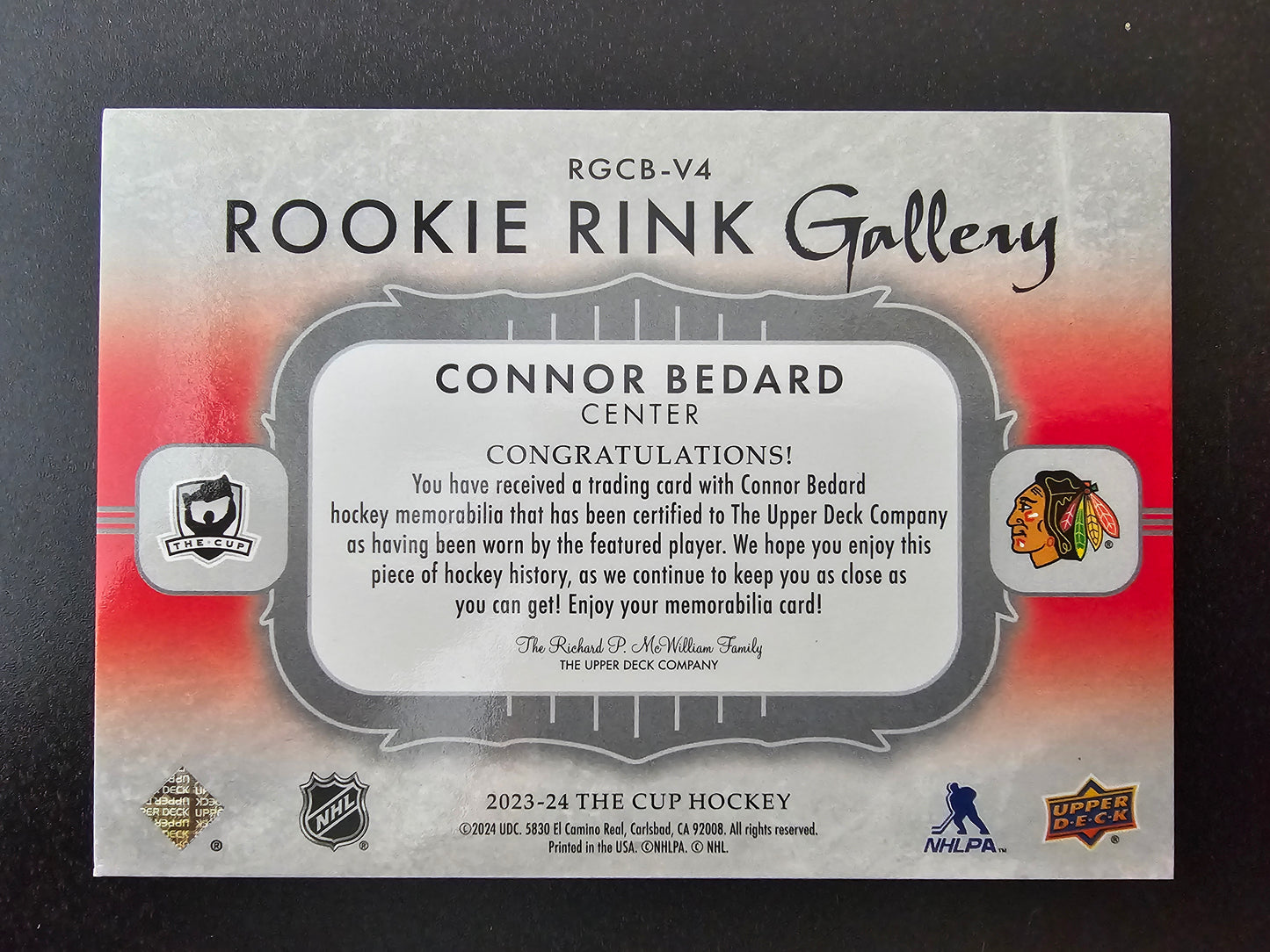 2023-24 Upper Deck The Cup - Rookie Rink Gallery - Connor Bedard #RGCB-V4 /49 RC