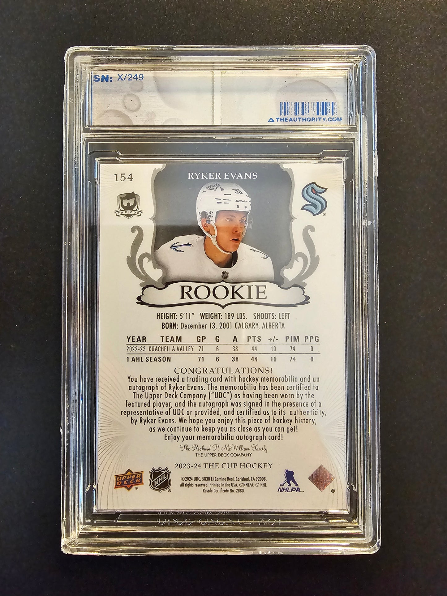 2023-24 Upper Deck The Cup RPA - Ryker Evans #154 /249 RC