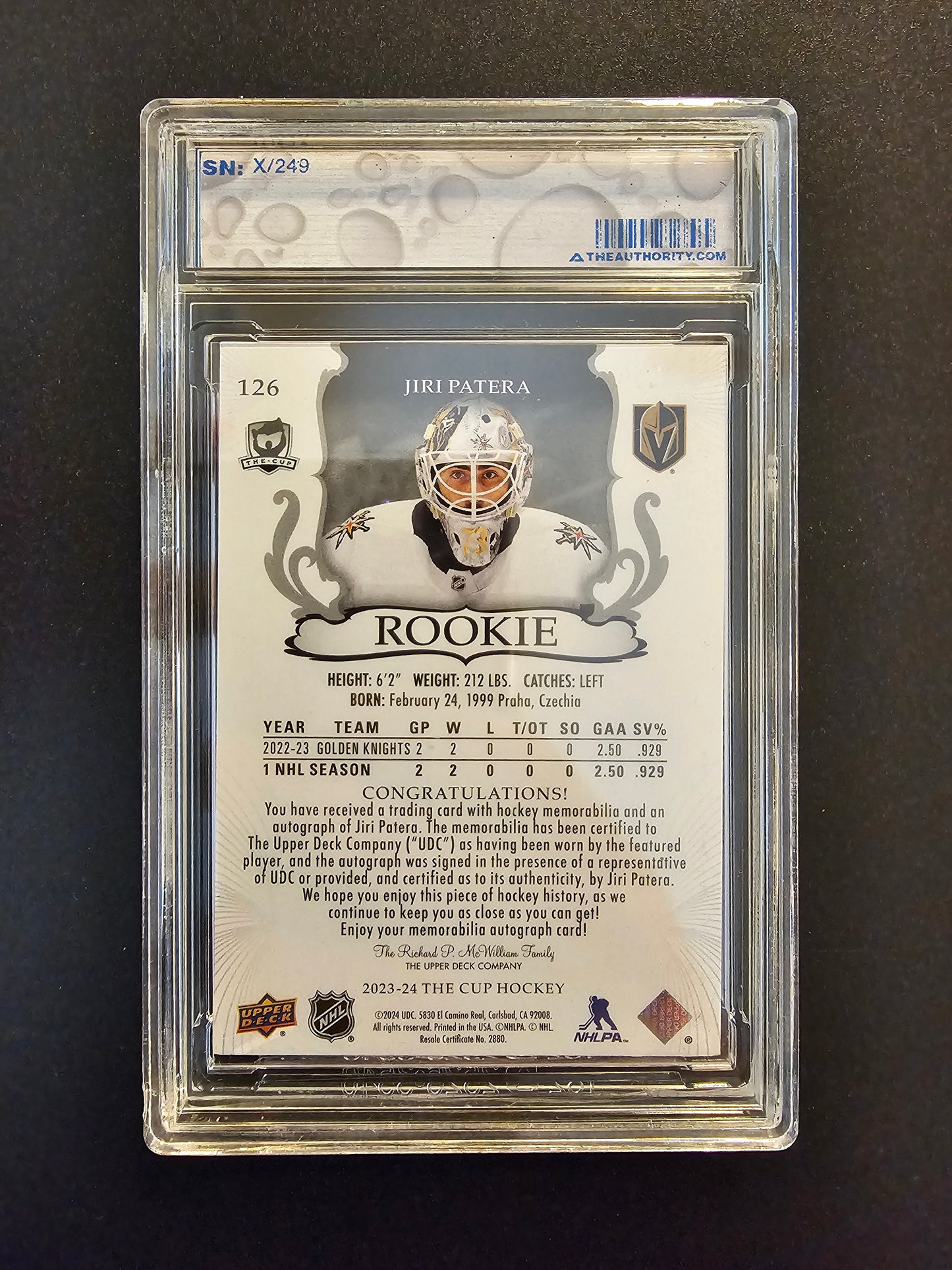 2023-24 Upper Deck The Cup RPA - Jiri Patera #126 /249 RC