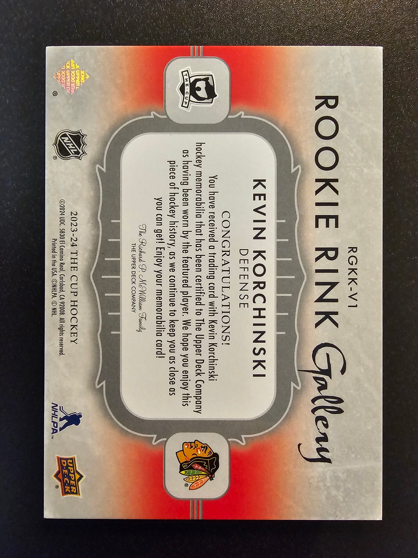 2023-24 Upper Deck The Cup - Rookie Rink Gallery - Kevin Korchinski #RGKK-V1 /49 RC