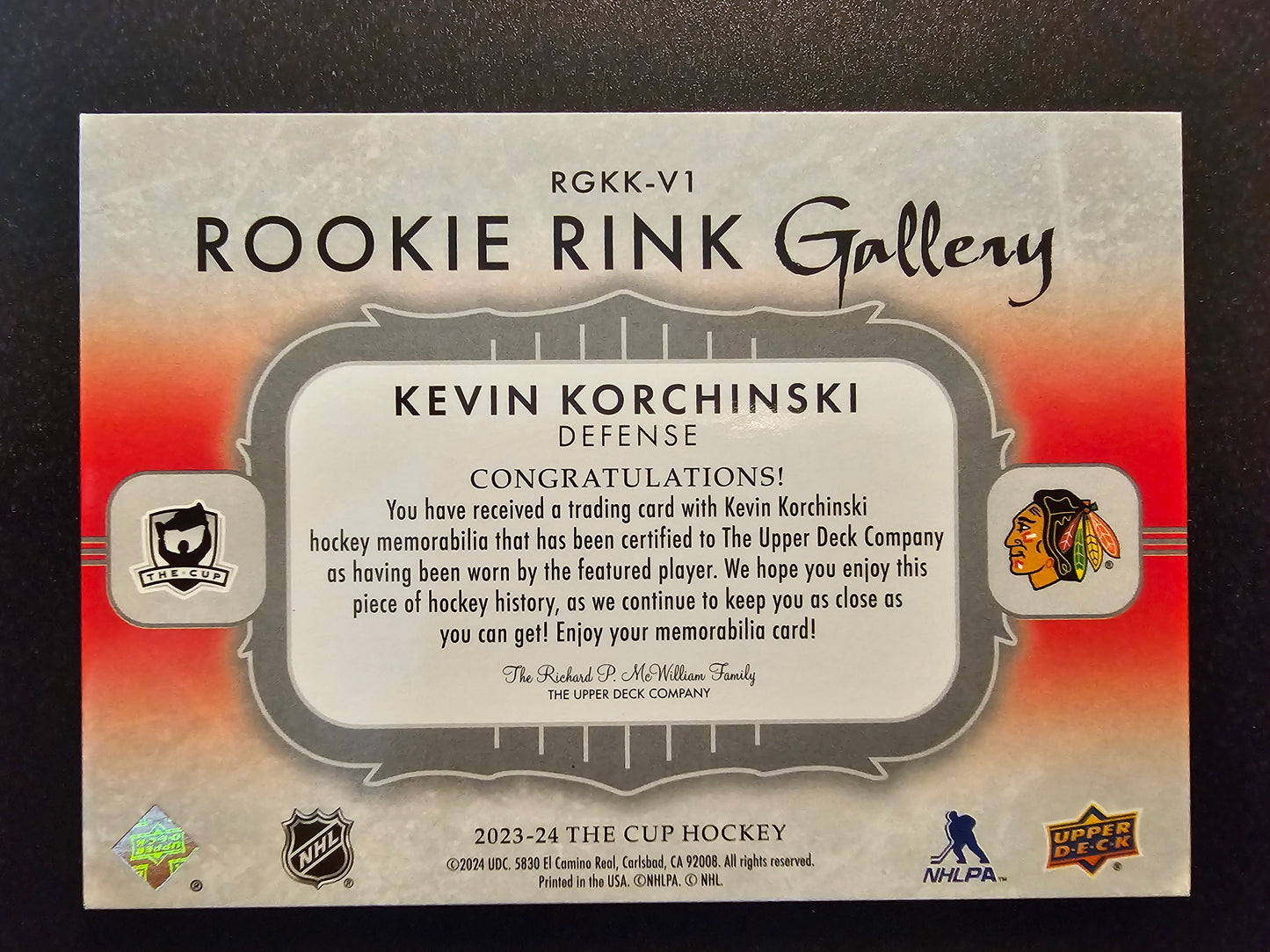 2023-24 Upper Deck The Cup - Rookie Rink Gallery - Kevin Korchinski #RGKK-V1 /49 RC