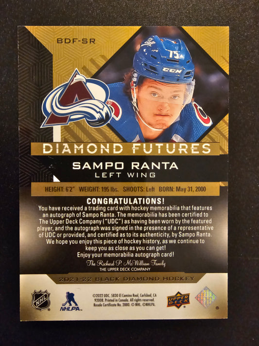 2021-22 Upper Deck Black Diamond - Diamond Futures - Premium Relic Auto Patch - Sampo Ranta #BDF-SR /25 RY