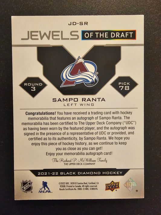 2021-22 Upper Deck Black Diamond - Jewels of the Draft Patch Autographs - Sampo Ranta #JD-SR /99 RY