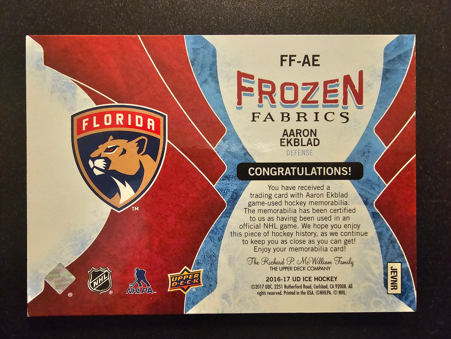 2016-17 Upper Deck Ice - Frozen Fabrics - Red - Aaron Ekblad #FF-AE /20