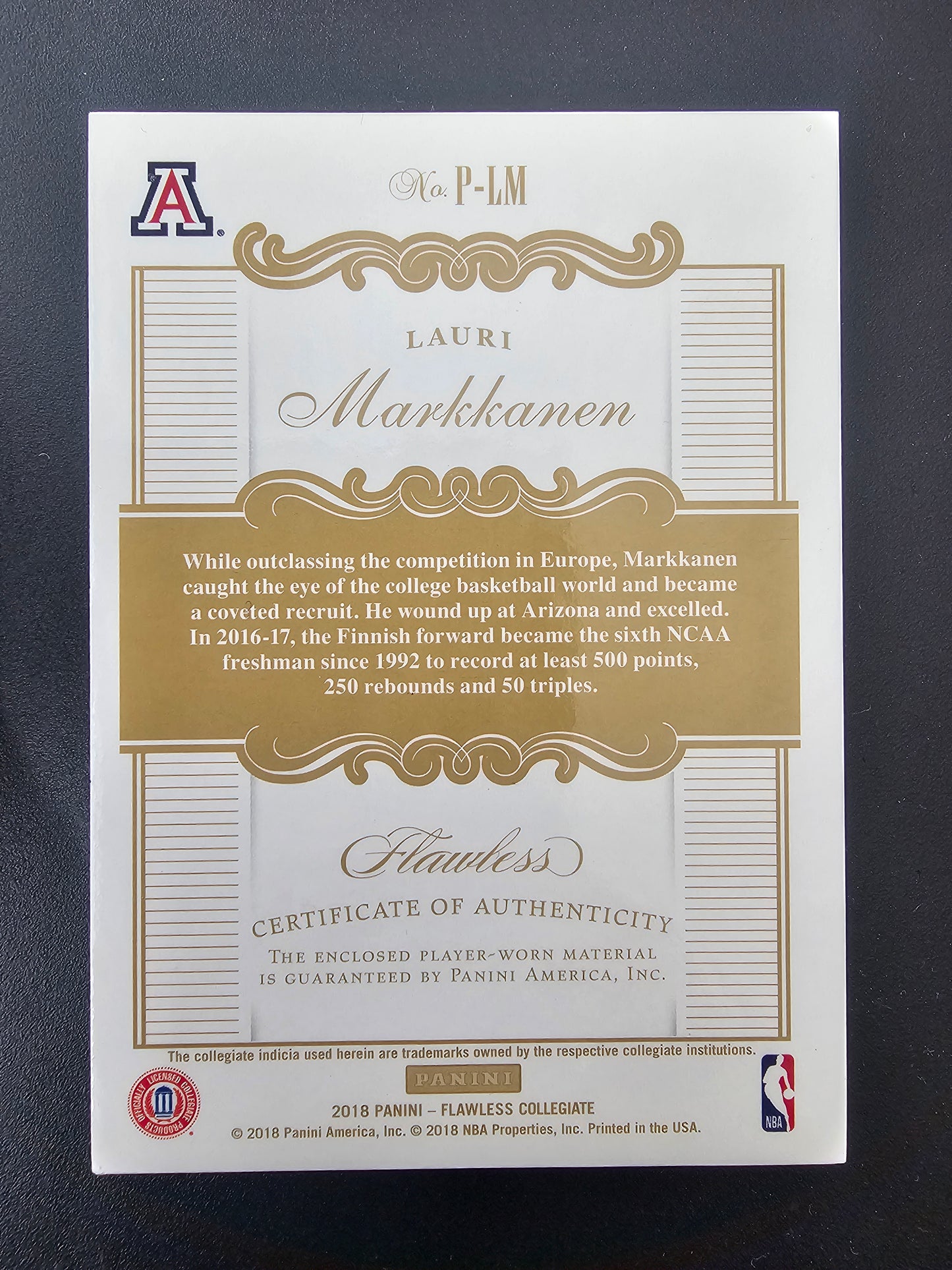 2018-19 Panini Flawless Collegiate - Patches - Gold - Lauri Markkanen #P-LM /10