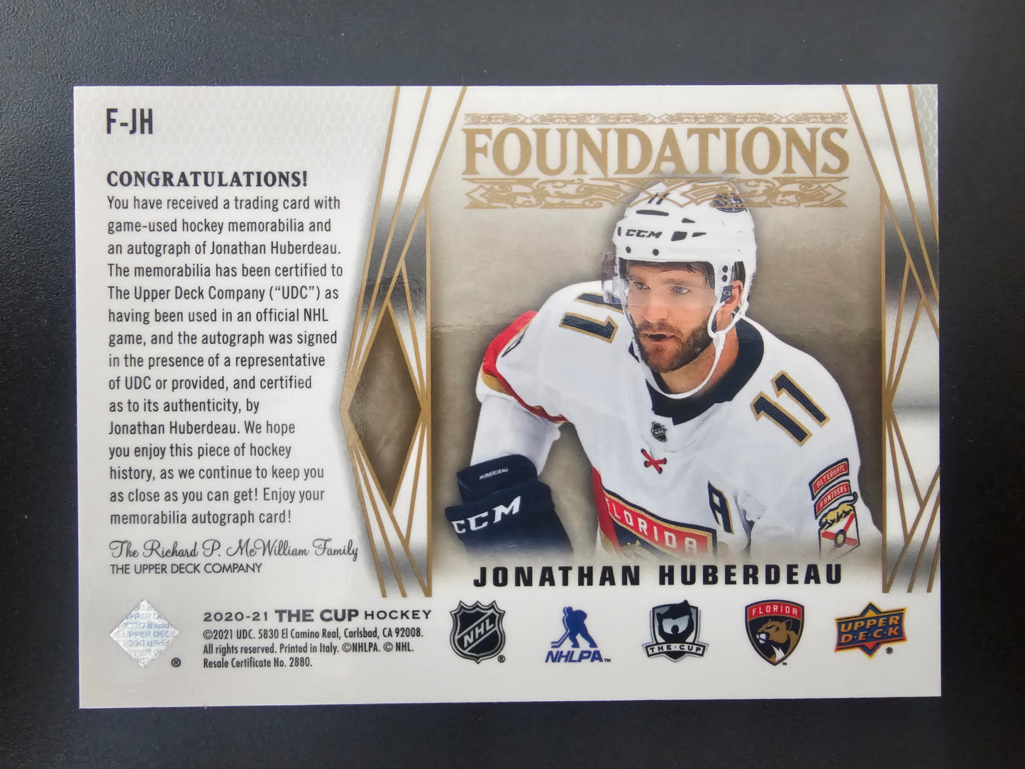 2020-21 Upper Deck The Cup - Foundations Quad - Patch Auto - Jonathan Huberdeau #F-JH /5