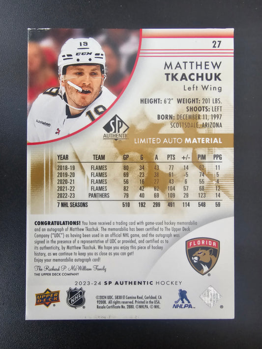 2023-24 Upper Deck SP Authentic - Limited Auto Material - Matthew Tkachuk #29 /50