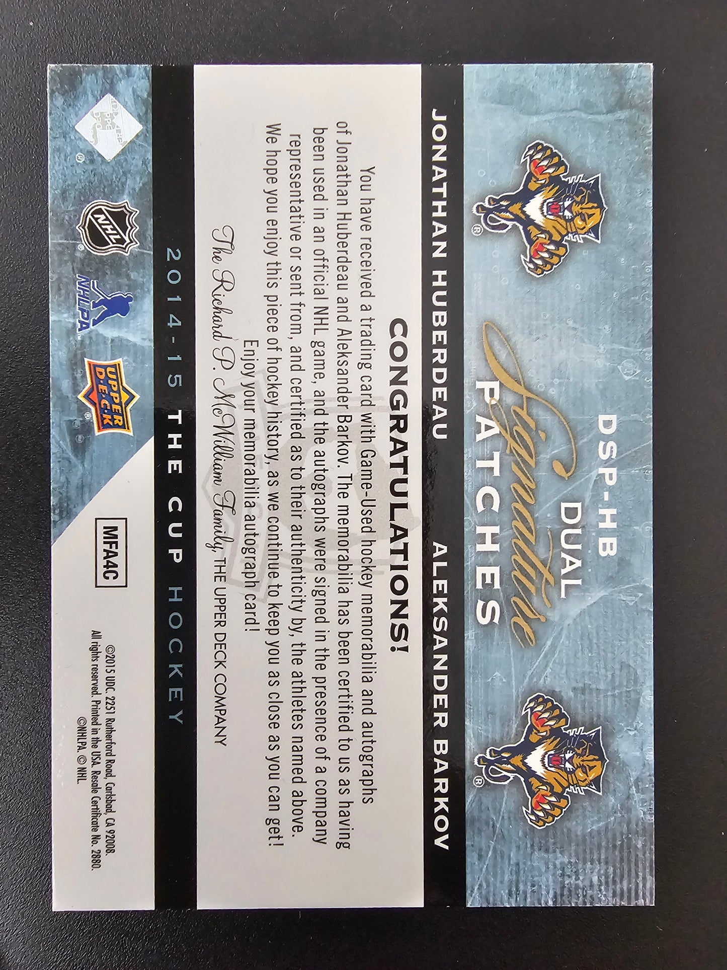 2014-15 Upper Deck The Cup - Dual Signature Patches - Jonathan Huberdeau / Aleksander Barkov #DSP-HB /35