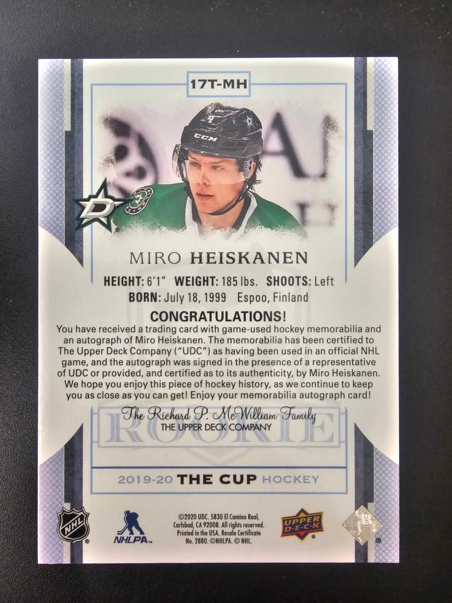 2019-20 Upper Deck The Cup - 2017-18 Rookie Tribute Patch Autographs - Miro Heiskanen #17T-MH /10