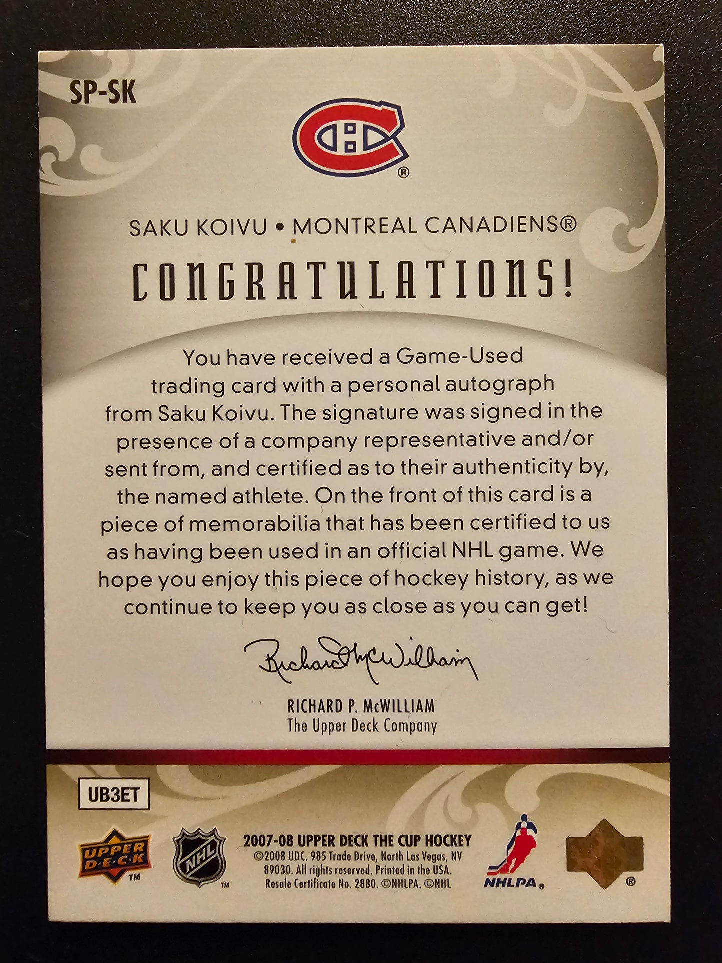 2007-08 Upper Deck The Cup - Signature Patches - Saku Koivu #SP-SK /75