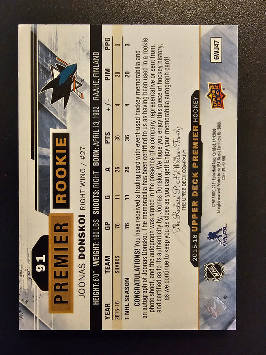 2015-16 Upper Deck Premier - Acetate Rookie Auto-Patch - Joonas Donskoi #91 /375 RC