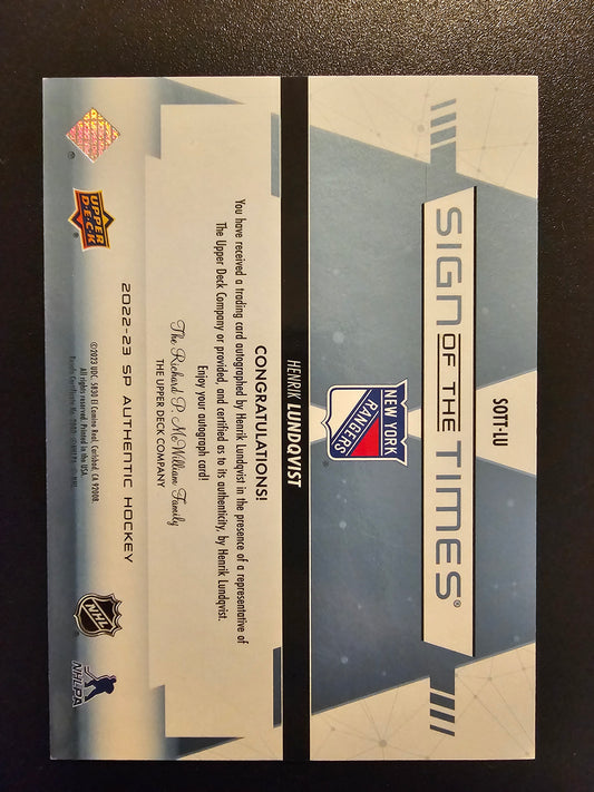 2022-23 Upper Deck SP Authentic - Sign of the Times - Black Henrik Lundqvist #SOTT-LU /15