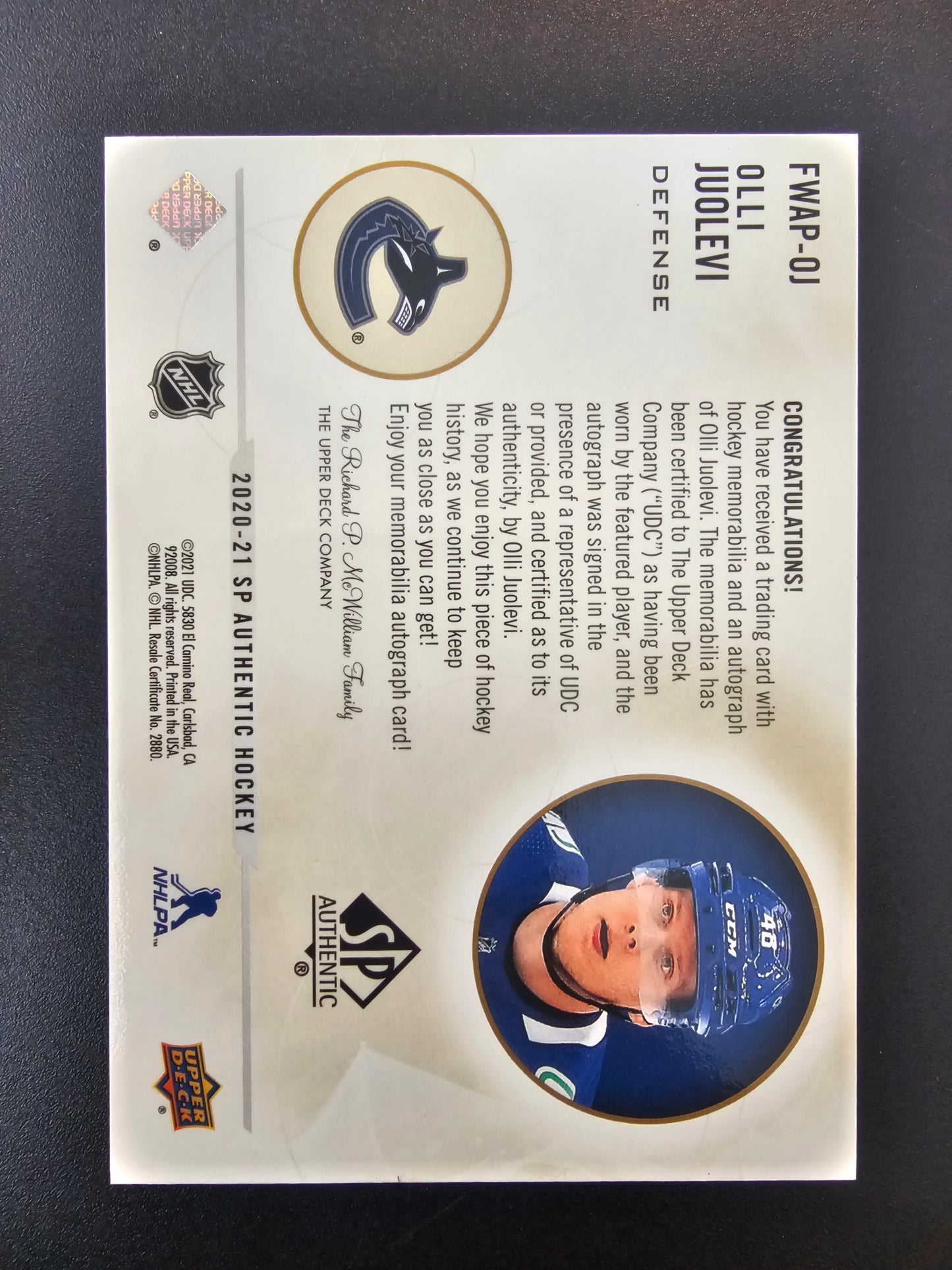 2020-21 Upper Deck SP Authentic - Limited Future Watch Autograph Patch - Olli Juolevi #FWAP-OJ /100 RC