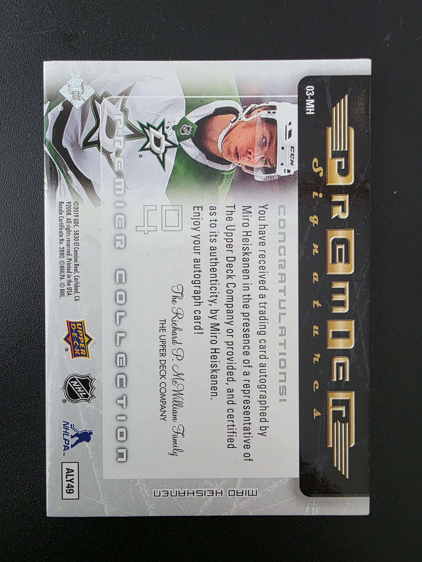 2018-19 Upper Deck Premier - 2003-04 Retro Premier Signatures Rookie - Miro Heiskanen #03-MH /99 RY