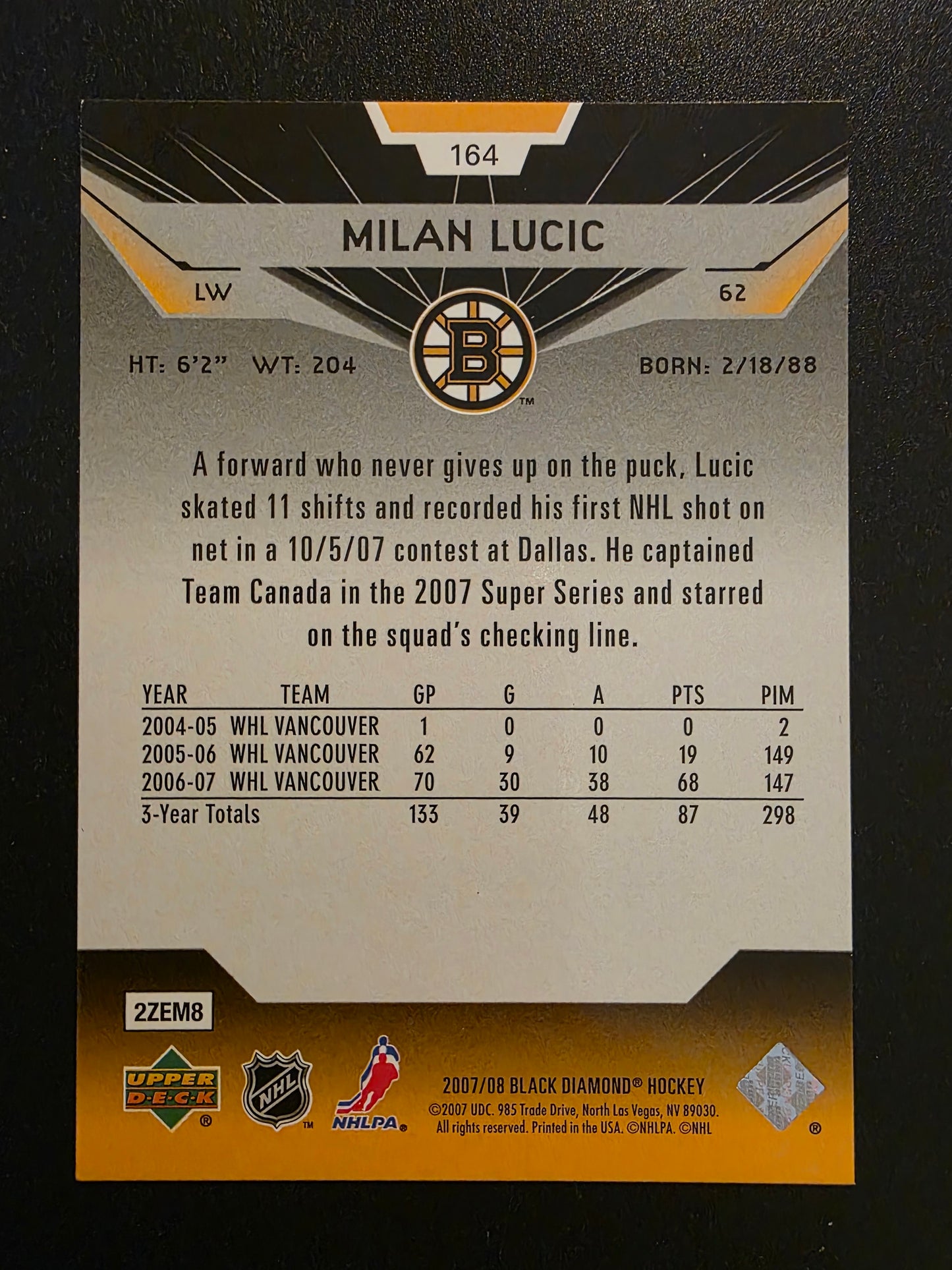 2007-08 Upper Deck Black Diamond - Rookie Gems - Milan Lucic #164  RC