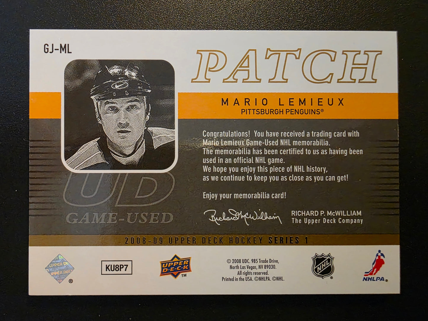 2008-09 Upper Deck - UD Game Jersey Series 1 - Patch - Mario Lemieux #GJ-ML /15
