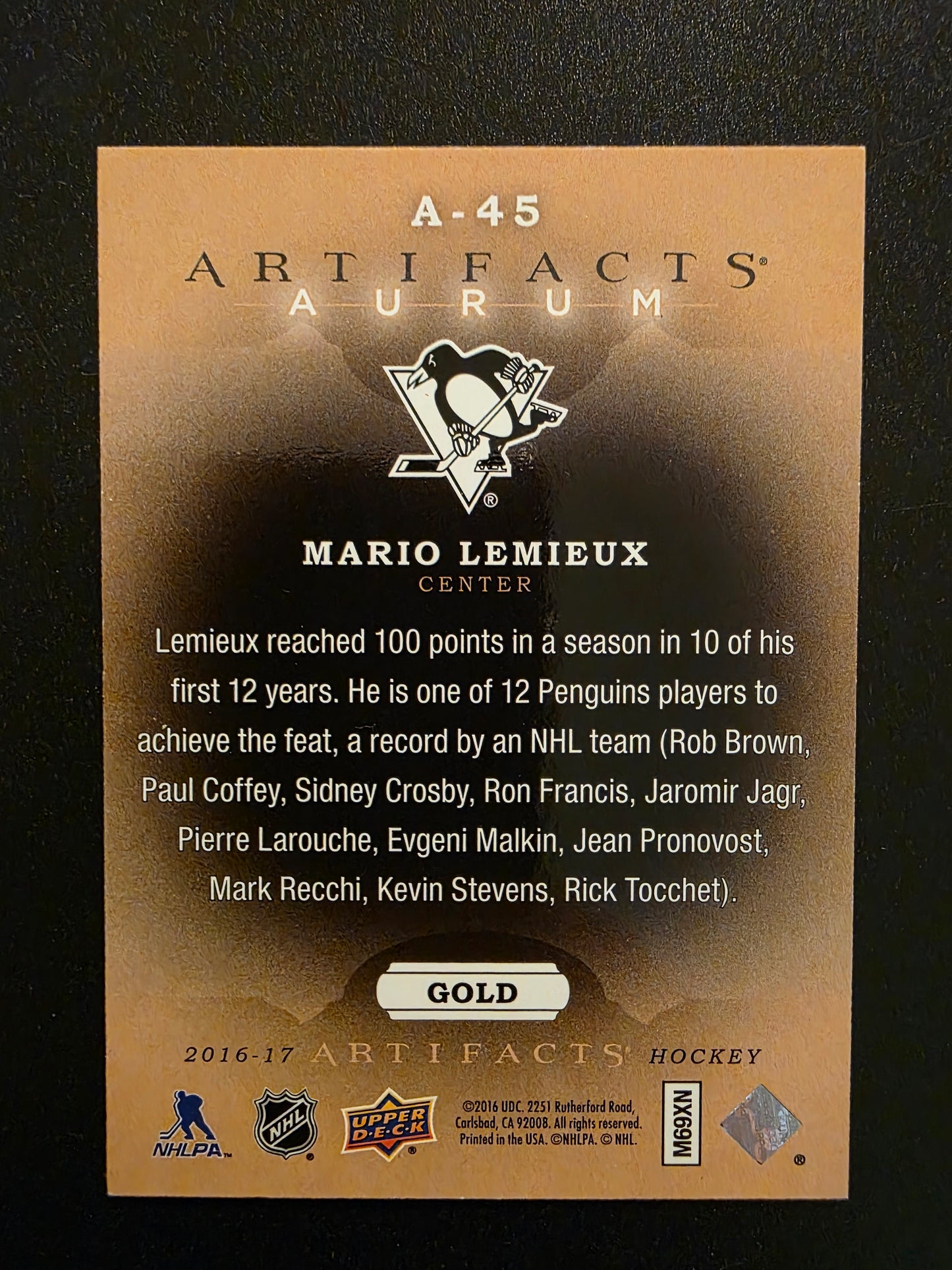 2016-17 Upper Deck Artifacts - Aurum Gold - Mario Lemieux #A-45