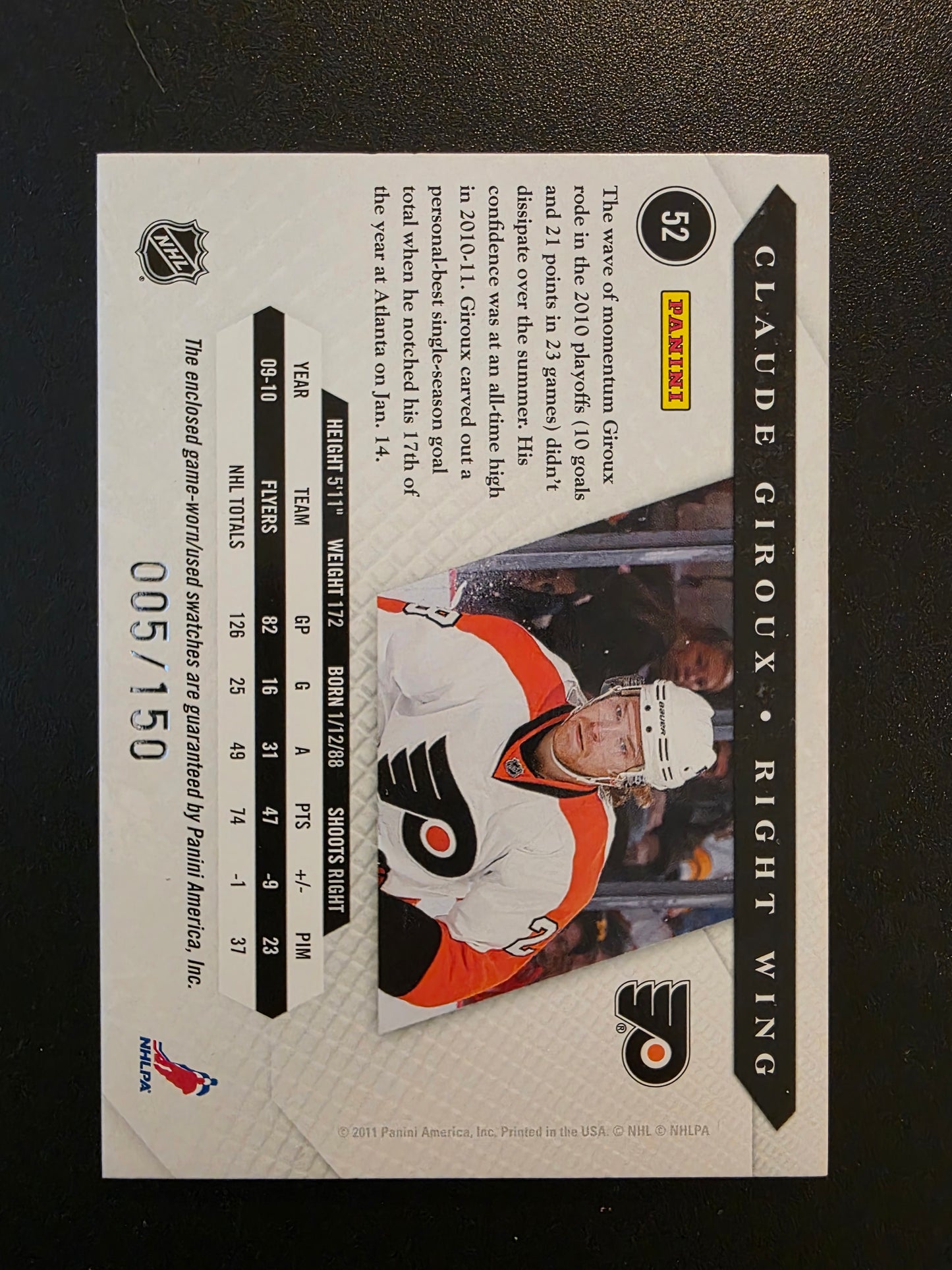 2010-11 Panini Luxury Suite - Jersey/Prime Jersey - Jersey - Claude Giroux #52 /150