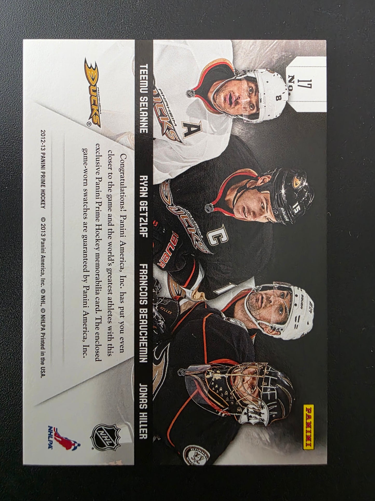 2012-13 Panini Prime - Prime Quads - Teemu Selanne / Ryan Getzlaf / Francois Beauchemin / Jonas Hiller #17 /50