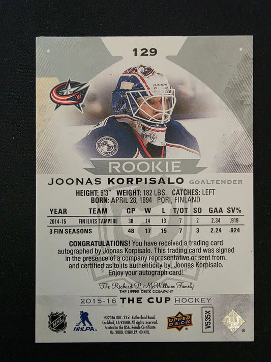 2015-16 Upper Deck The Cup - Black Foil - Autographed Rookie - Joonas Korpisalo #129 1of1 RC