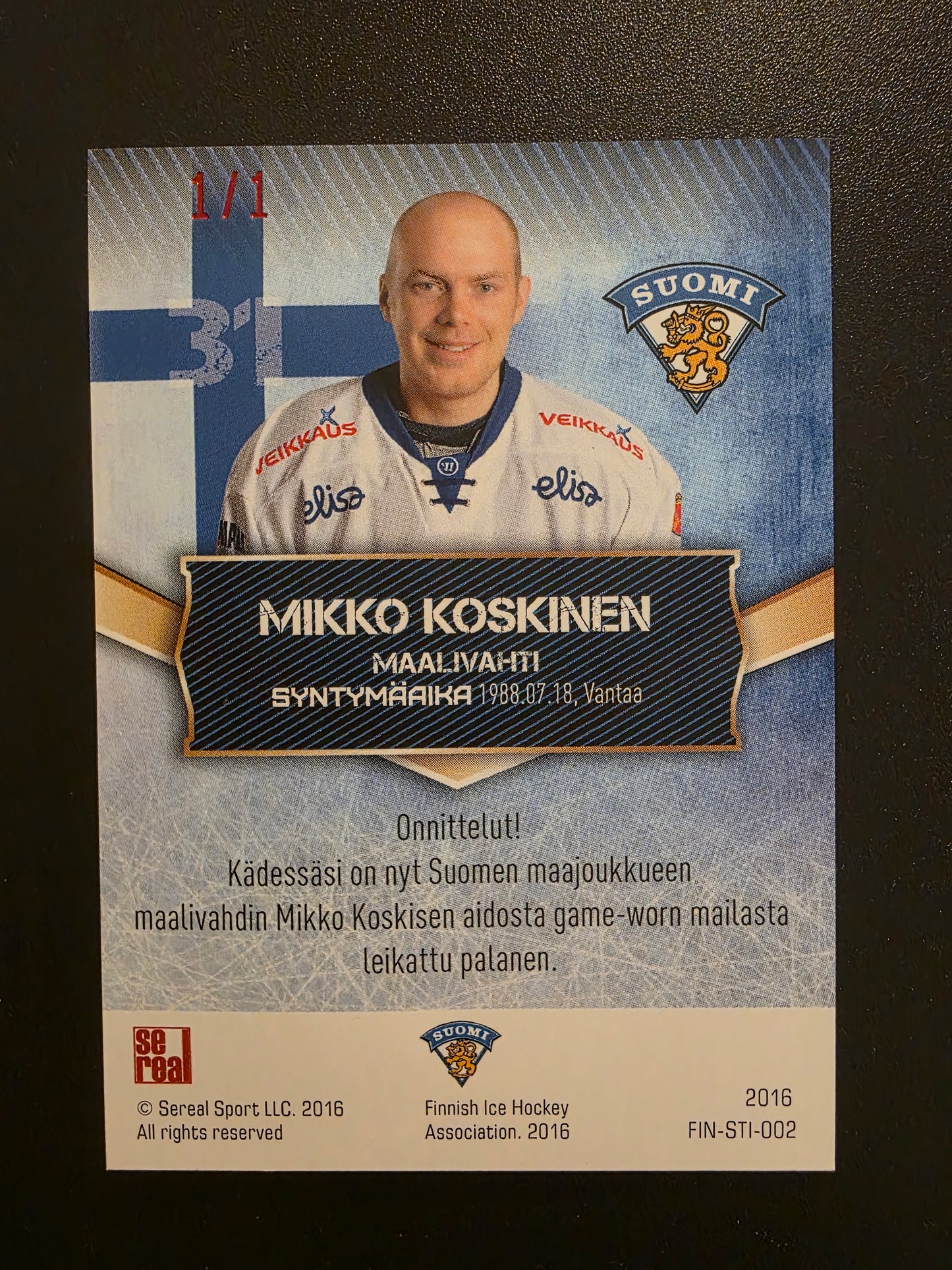 2016 Sereal Team Finland Stick Names - Mikko Koskinen #FIN-STI-002 - 1of1