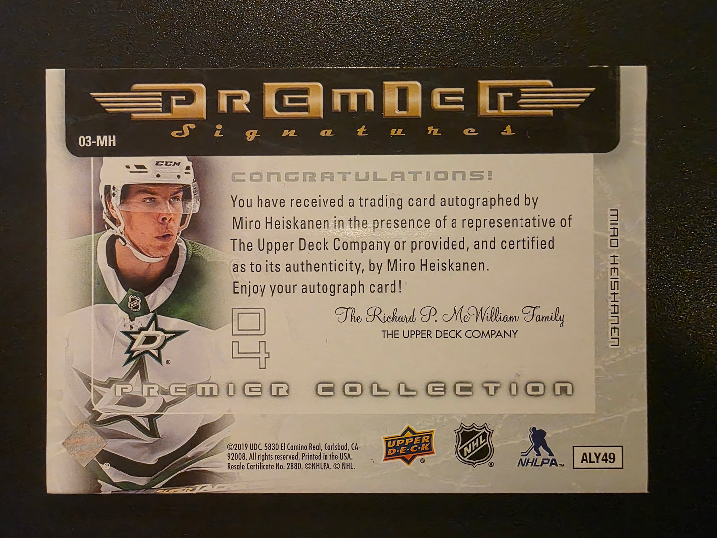 2018-19 Upper Deck Premier - 2003-04 Retro Premier Signatures Rookie - Miro Heiskanen #03-MH /99 RY