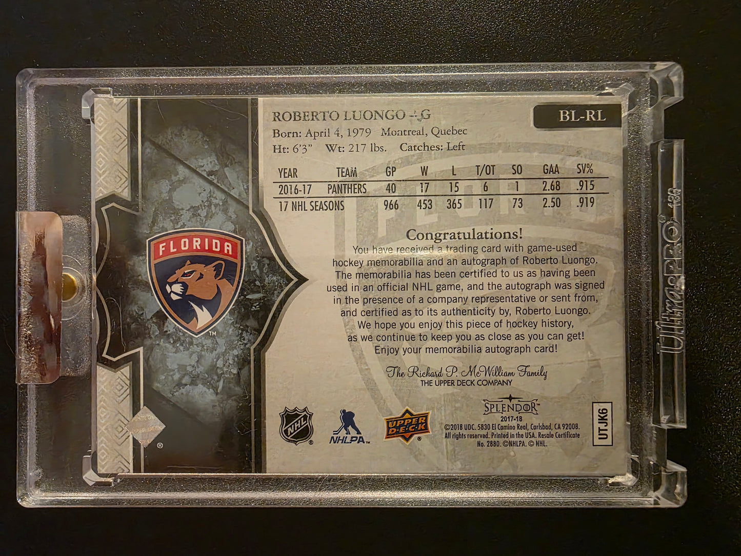 2017-18 Upper Deck Splendor - Borderless - Roberto Luongo #BL-RL /36