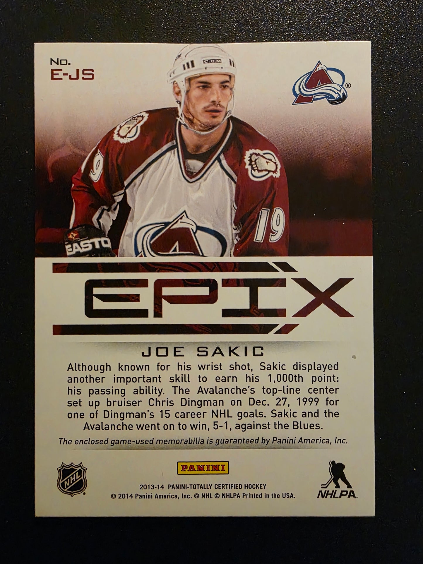 2013-14 Panini Totally Certified - Epix Memorabilia - Red Play - Joe Sakic #E-JS