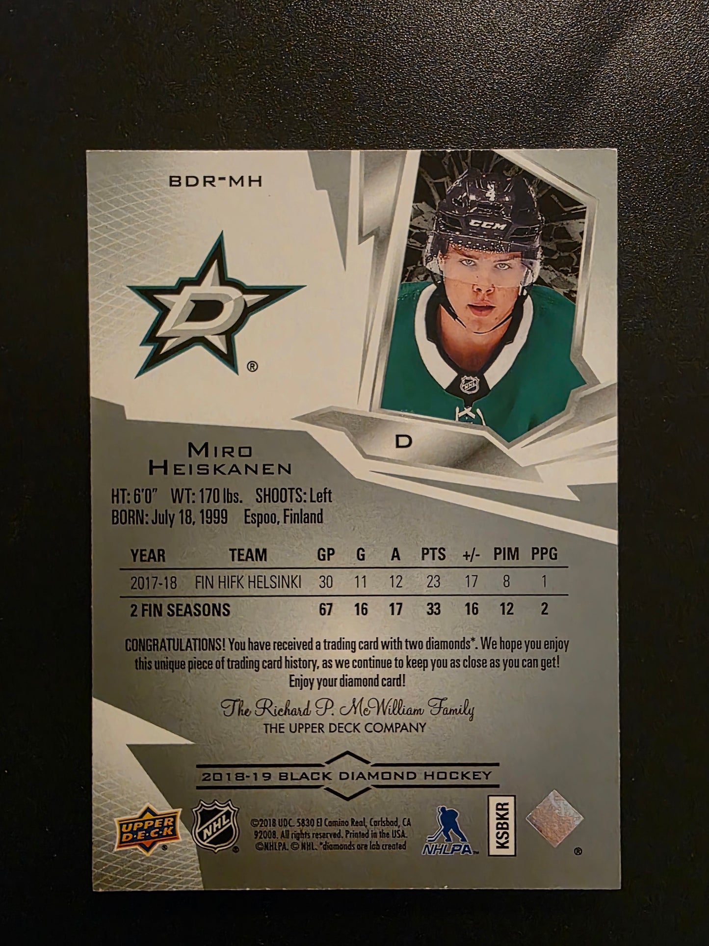 2018-19 Upper Deck Black Diamond - Diamond Relic Rookie Gems - Double Diamond - Miro Heiskanen #BDR-MH /99 RY