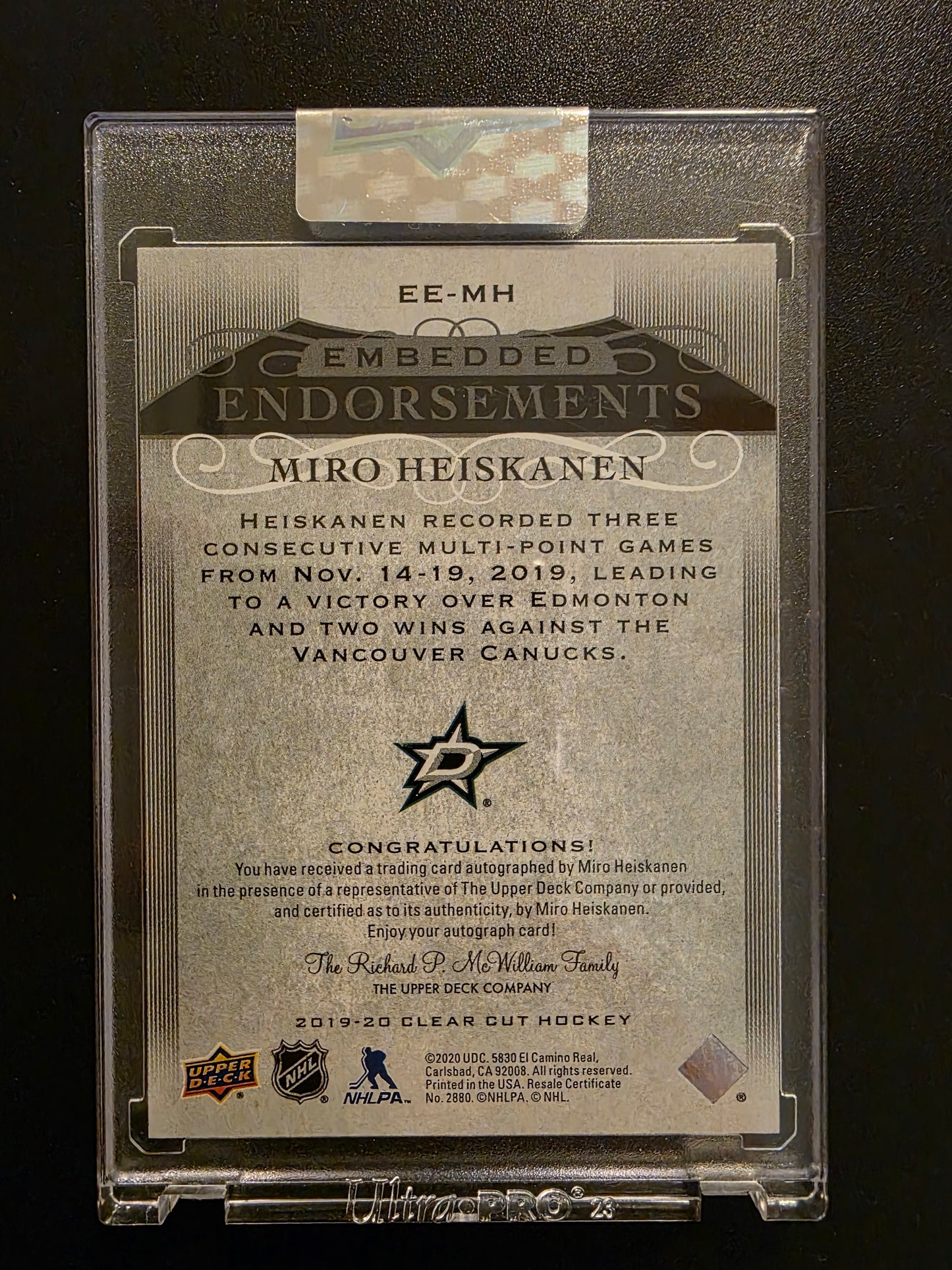 2019-20 Upper Deck Clear Cut - Embedded Endorsements - Miro Heiskanen #EE-MH /99