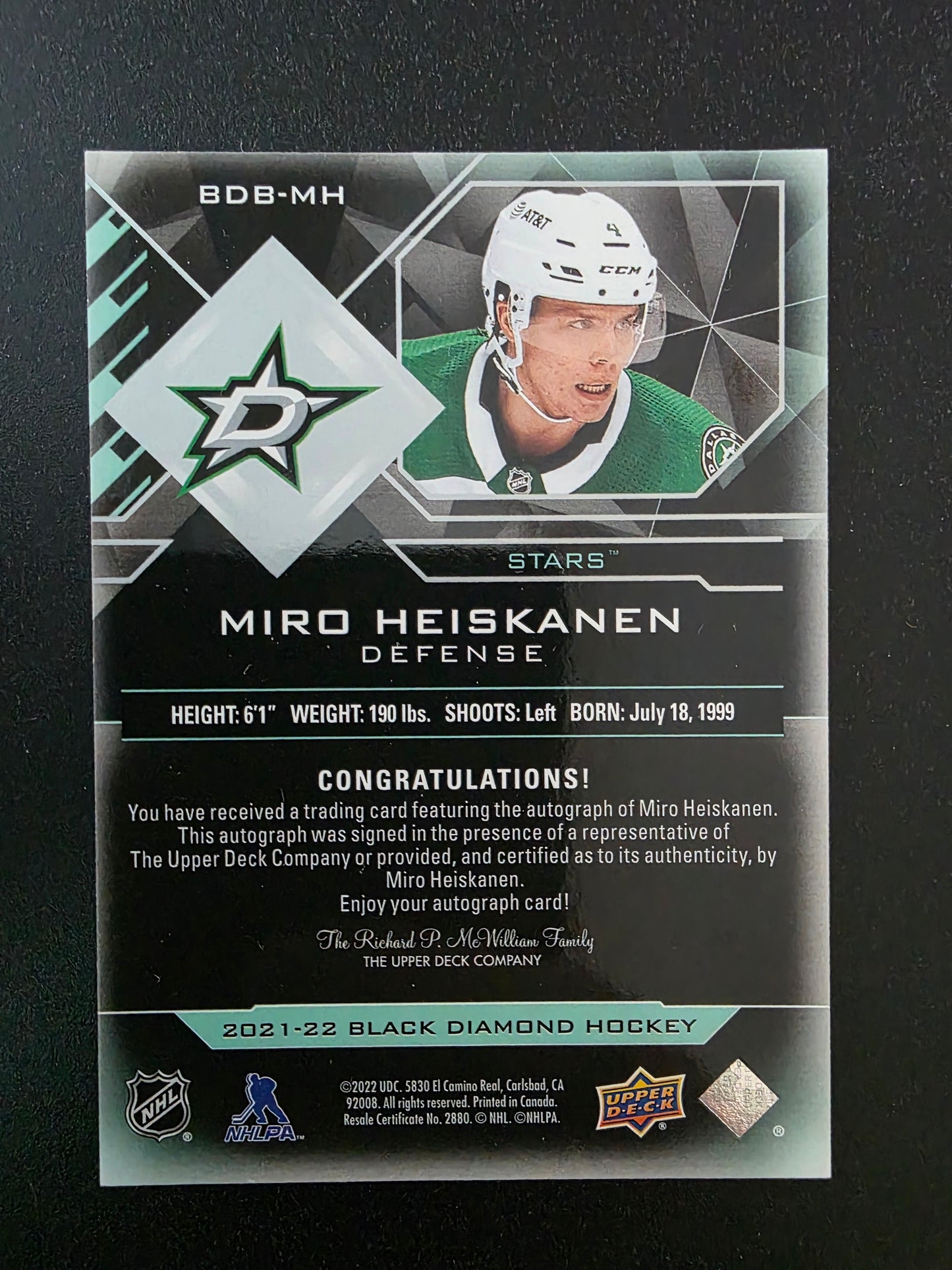 2021-22 Upper Deck Black Diamond - Pure Black - Miro Heiskanen #BDB-MH /25