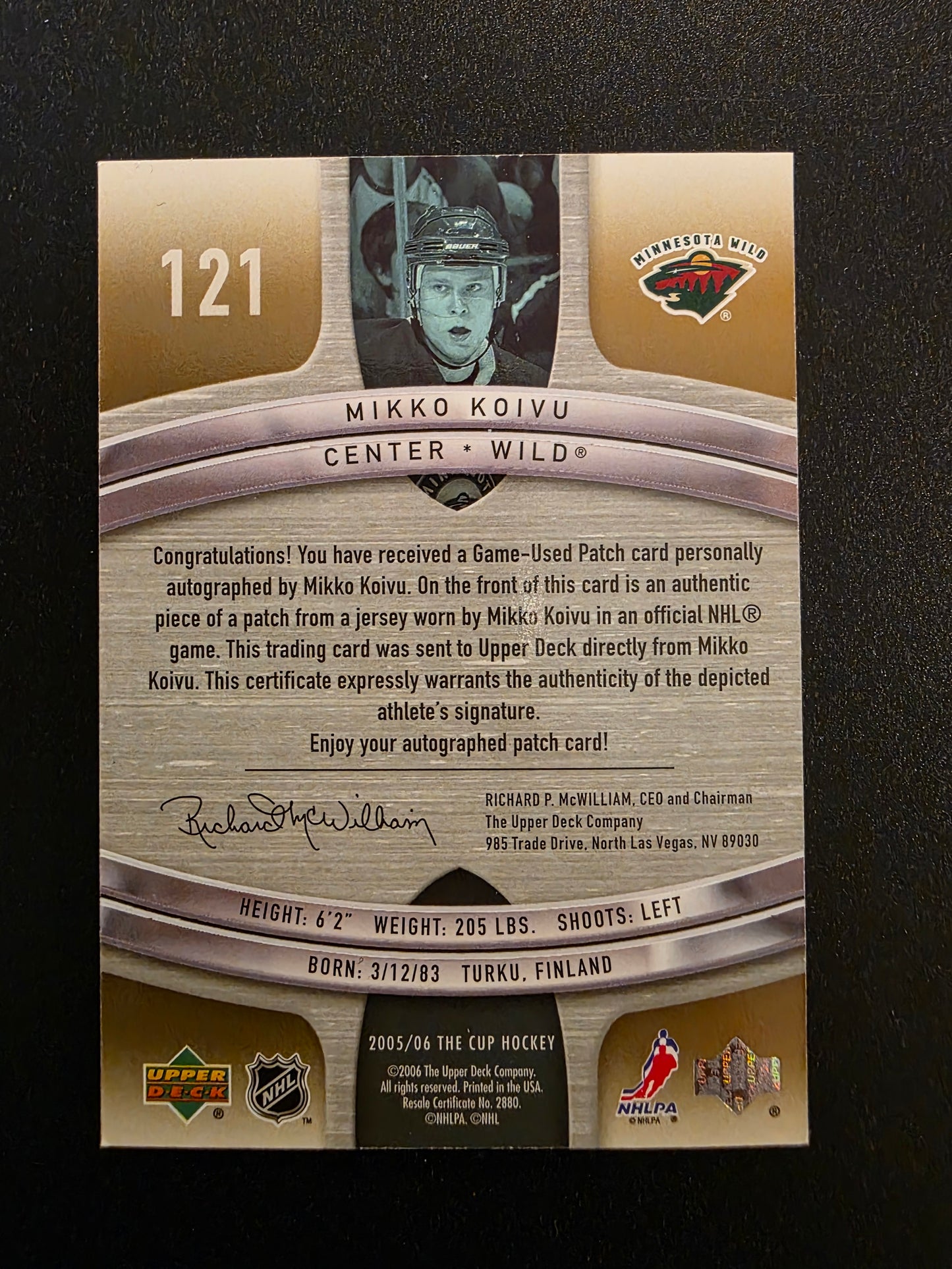 2005-06 Upper Deck The Cup - Rookie Gold Rainbow Autographed Patches - Mikko Koivu #121 /21 RC