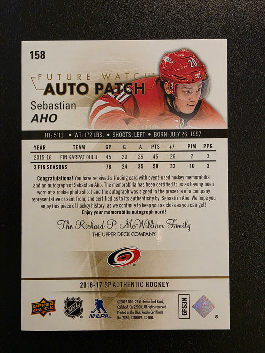 2016-17 Upper Deck SP Authentic - Limited Autograph Patches - Future Watch Autographs - Sebastian Aho #158 /100 RC