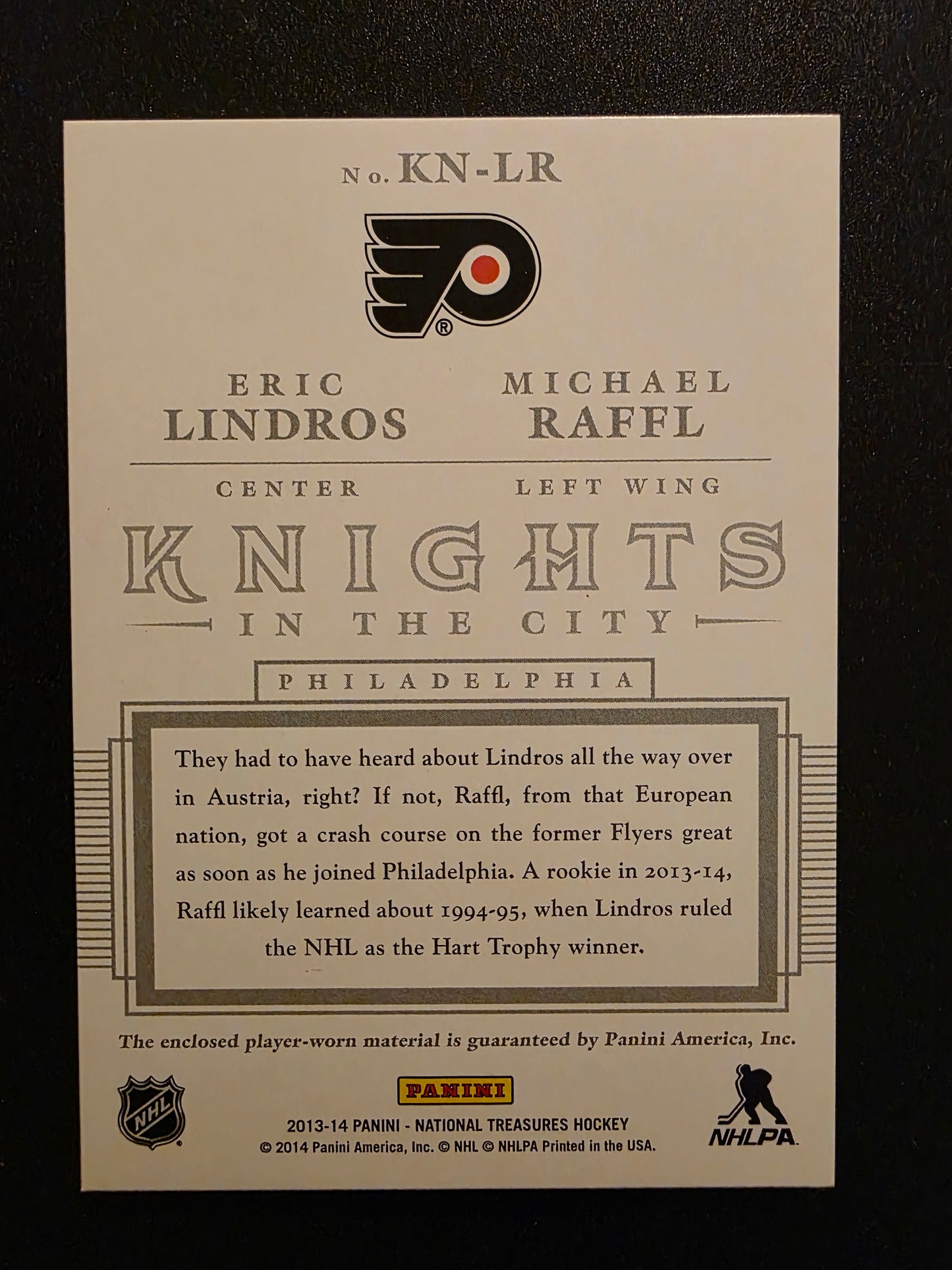 2013-14 Panini National Treasures - Knights in the City - Prime - Eric Lindros / Michael Raffl #KN-LR /25 RY