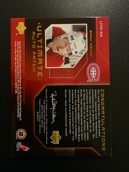 2004-05 Upper Deck Ultimate Collection - Ultimate Auto Patches - Saku Koivu #UPA-SK /50
