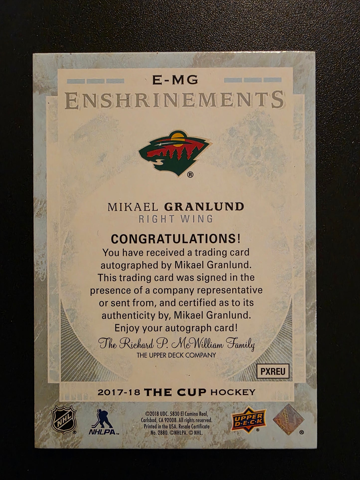 2017-18 Upper Deck The Cup - Enshrinements Autographs - Mikael Granlund #E-MG /99