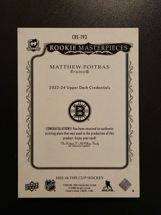 2023-24 Upper Deck The Cup - Rookie Masterpieces - Black Printing Plate - Matthew Poitras #CRE-193 1of1 RC