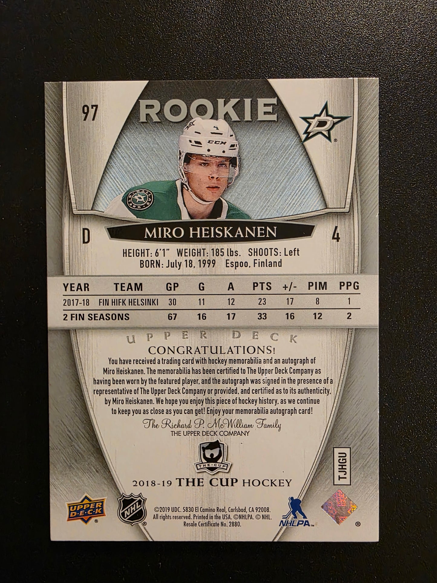 2018-19 Upper Deck The Cup - Rookie Patch Autograph - Miro Heiskanen #97 /249