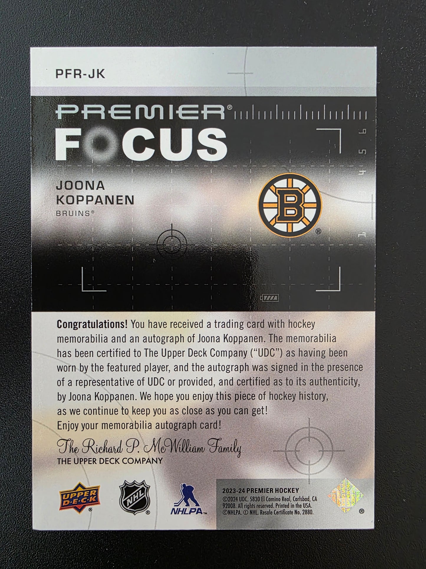 2023-24 Upper Deck Premier - Premier Focus Rookies Auto Patch - Joona Koppanen #PFR-JK /175 RY
