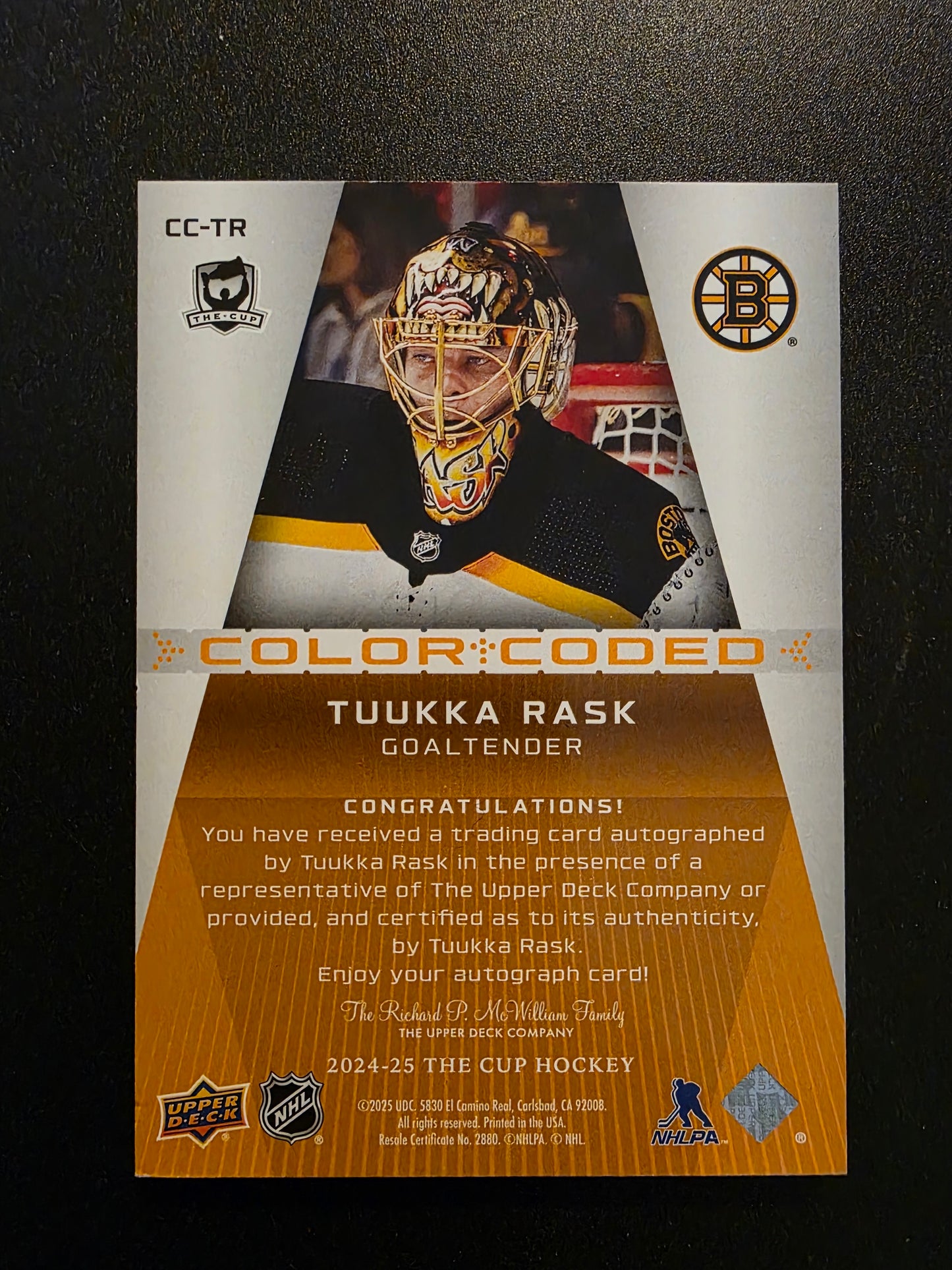 2024-25 Upper Deck The Cup - Color Coded - Tuukka Rask #CC-TR /35