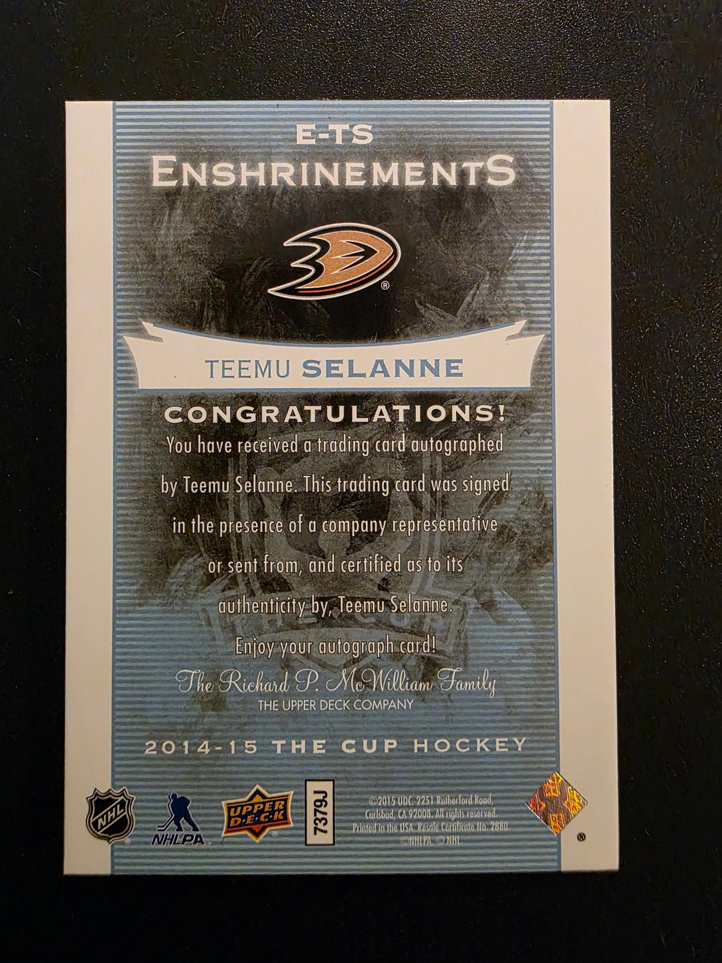 2014-15 Upper Deck The Cup - Enshrinements Autographs - Teemu Selanne #E-TS /99