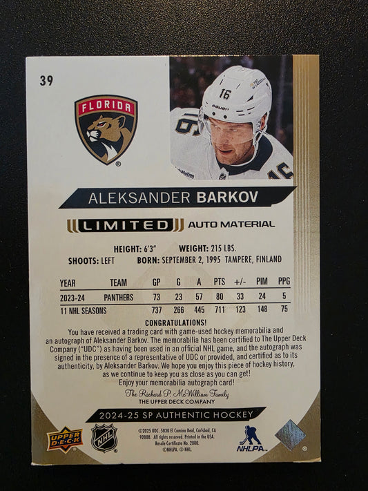 2024-25 Upper Deck SP Authentic - Limited Auto Material - Aleksander Barkov #39 /50