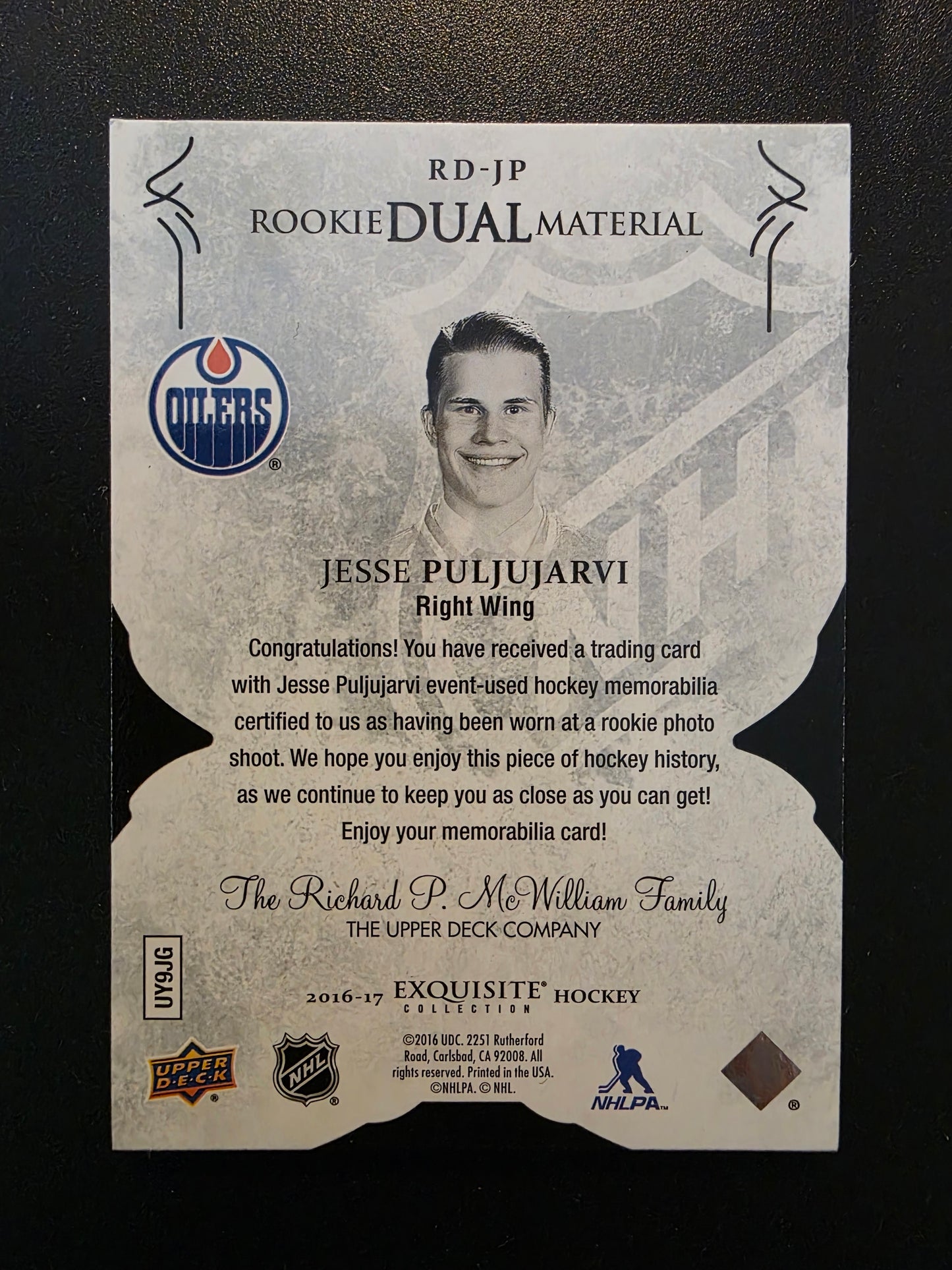2016-17 Upper Deck Black Diamond - Exquisite Rookie Dual Materials - Jesse Puljujarvi #RD-JP /99 RY