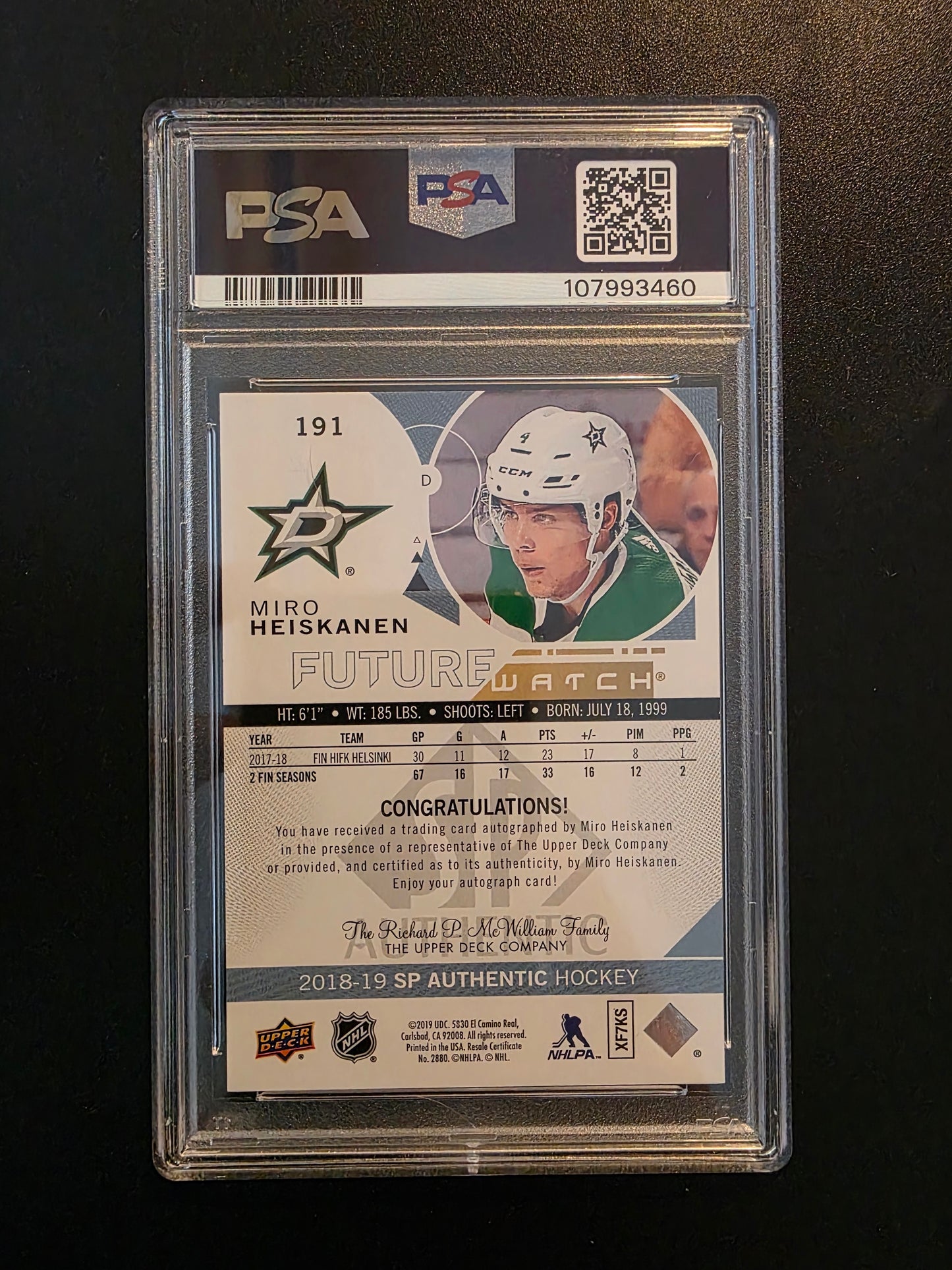 2018-19 Upper Deck SP Authentic Future Watch - Miro Heiskanen #191 /999 RC PSA 9