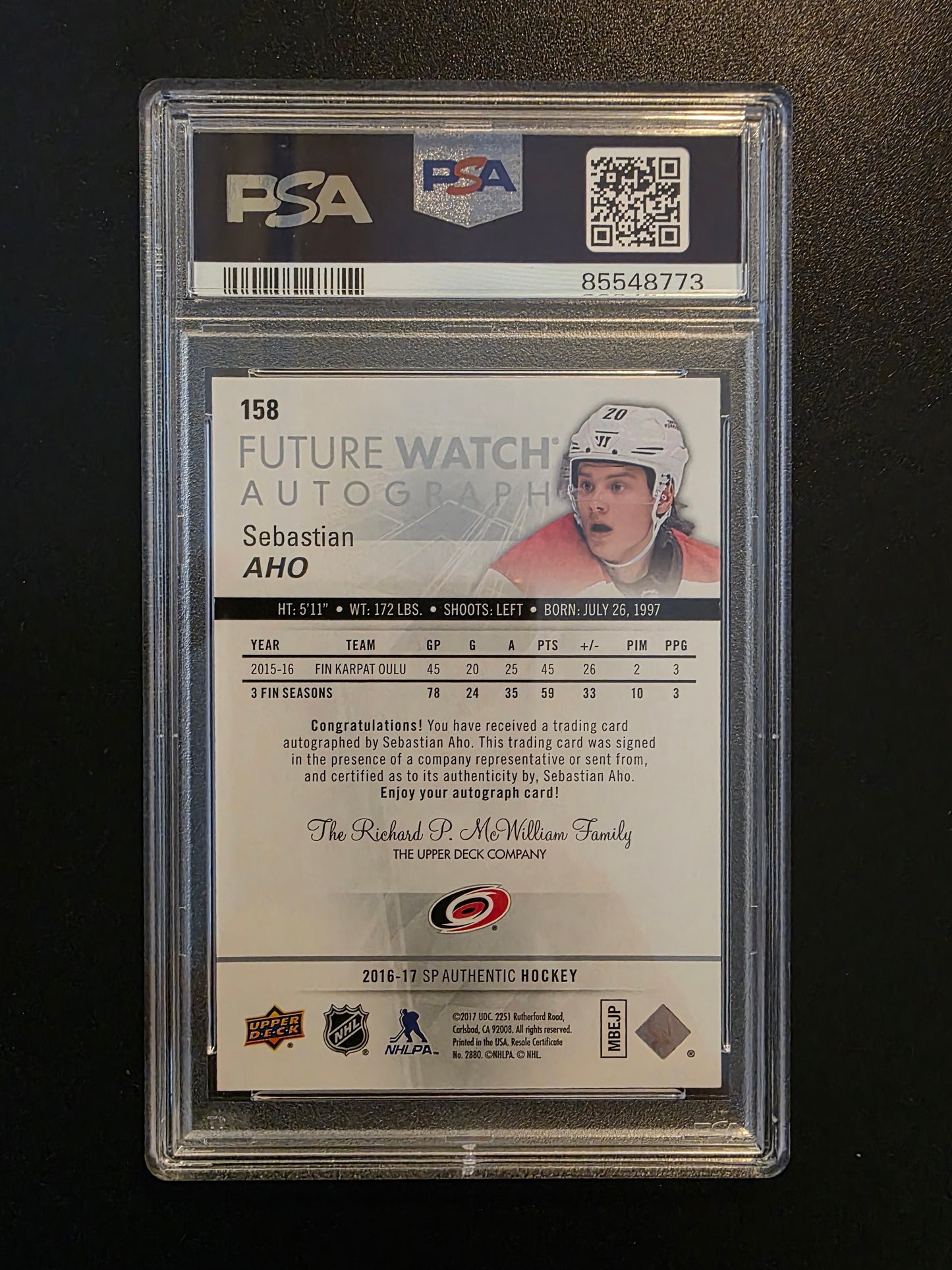 2016-17 Upper Deck SP Authentic Future Watch - Sebastian Aho #158 /999 PSA 10